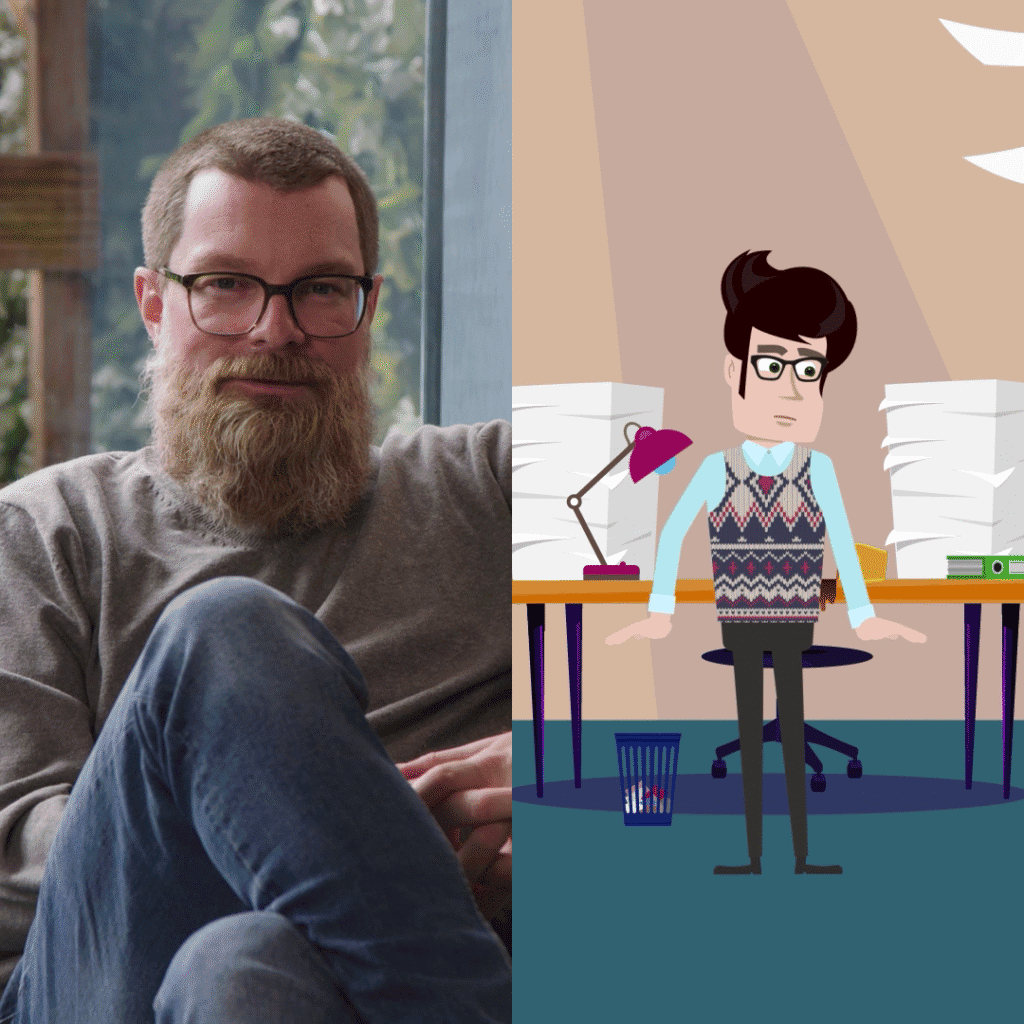 Moderner Mann mit Brille und Vollbart in einem gem&uuml;tlichen Raum, ideal f&uuml;r kreative Videoproduktionen und Imagefilme.